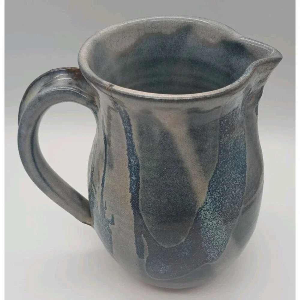 Studio Pottery Pitcher Signed Blue Gray Drip Redware
